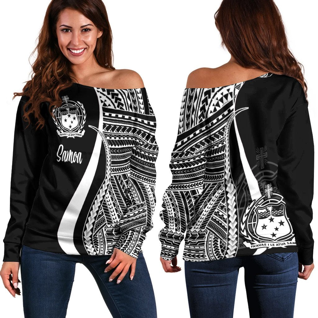 Samoa Women's Off Shoulder Sweater - White Polynesian Tentacle Tribal Pattern White - Polynesian Pride