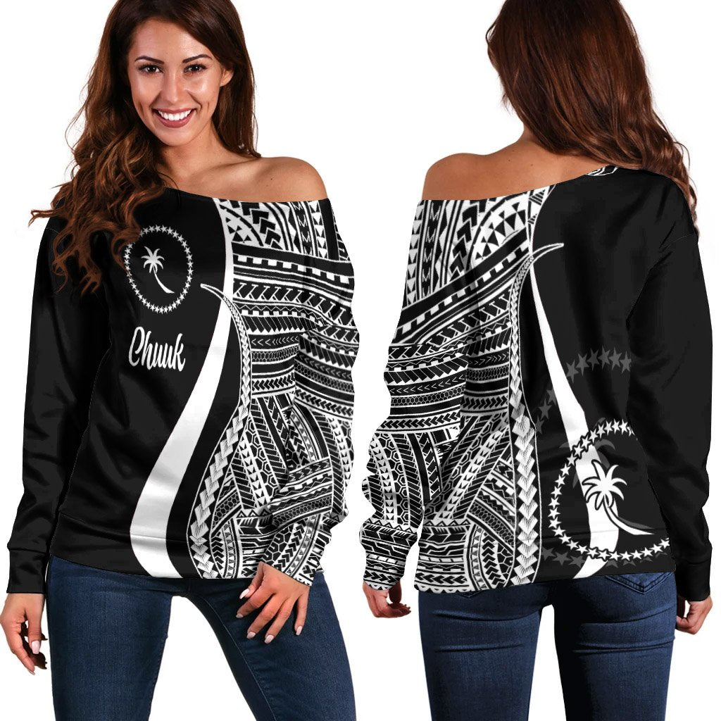 Chuuk Women's Off Shoulder Sweater - White Polynesian Tentacle Tribal Pattern White - Polynesian Pride