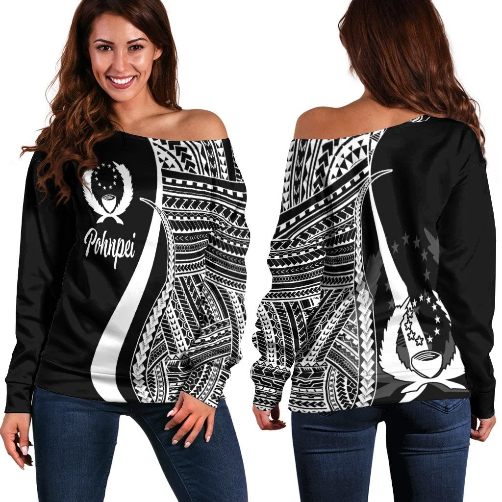 Pohnpei Women's Off Shoulder Sweater - White Polynesian Tentacle Tribal Pattern White - Polynesian Pride