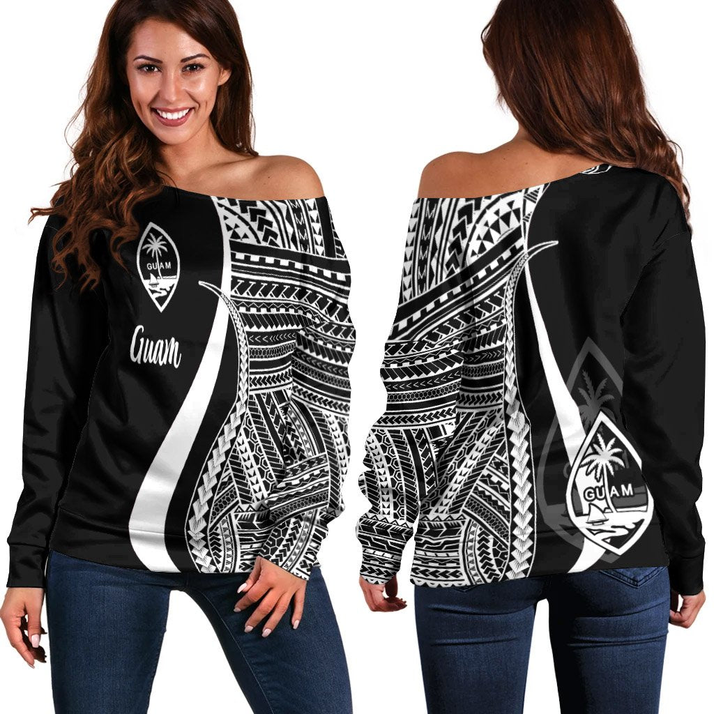 Guam Women's Off Shoulder Sweater - White Polynesian Tentacle Tribal Pattern White - Polynesian Pride