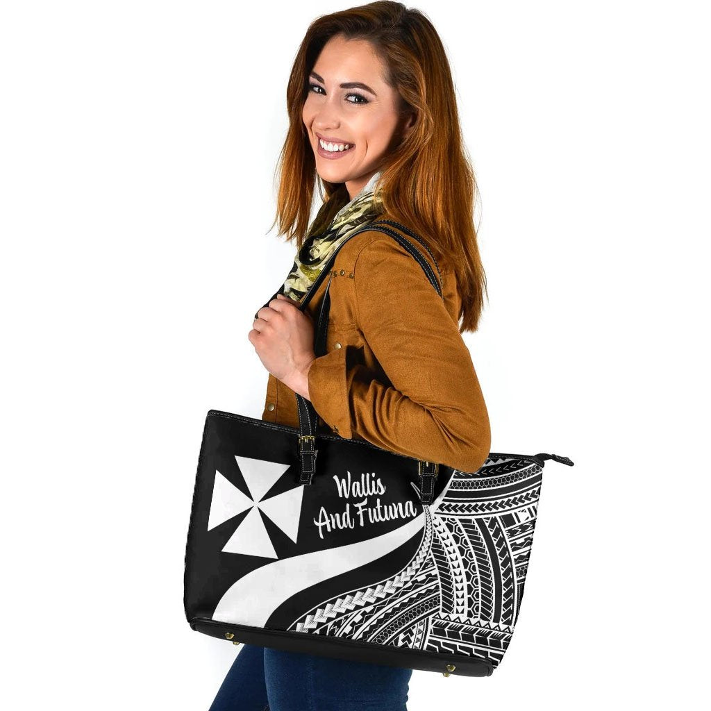 Wallis And Futuna Large Leather Tote Bag - White Polynesian Tentacle Tribal Pattern White - Polynesian Pride