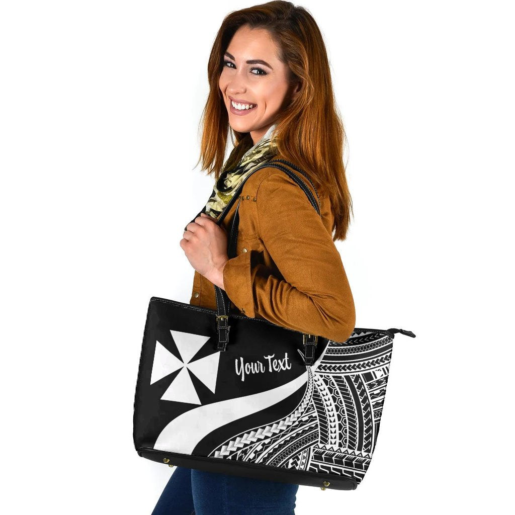 Wallis And Futuna Custom Personalised Large Leather Tote Bag - White Polynesian Tentacle Tribal Pattern White - Polynesian Pride