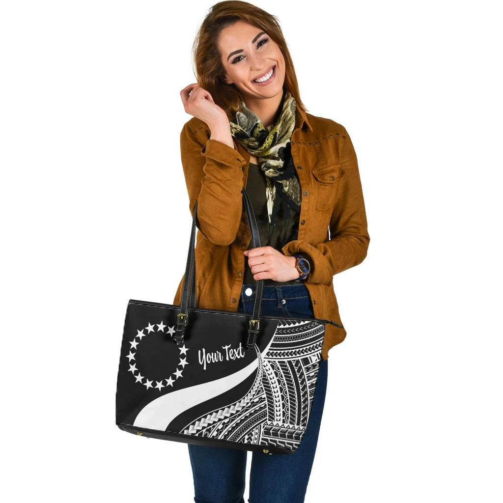 Cook Islands Custom Personalised Large Leather Tote Bag - White Polynesian Tentacle Tribal Pattern - Polynesian Pride