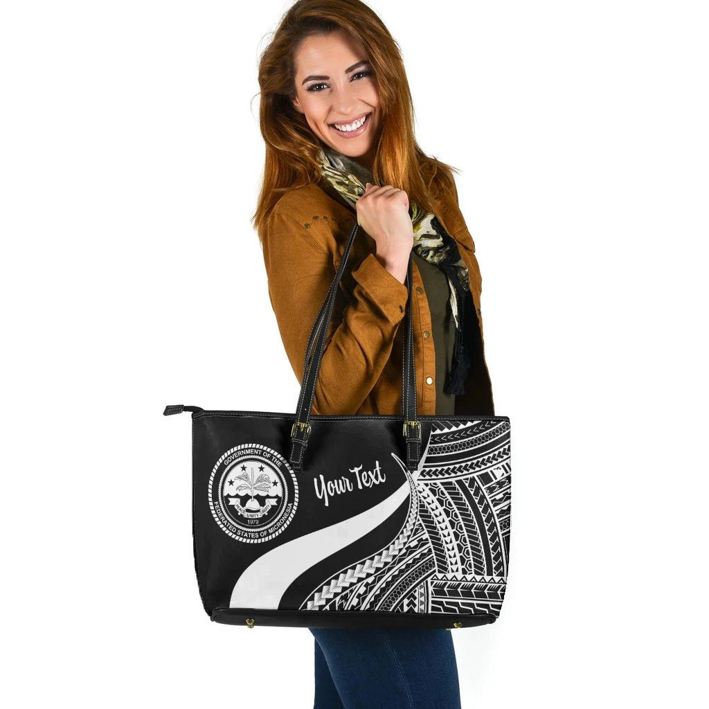 Federated States of Micronesia Custom Personalised Large Leather Tote Bag - White Polynesian Tentacle Tribal Pattern - Polynesian Pride