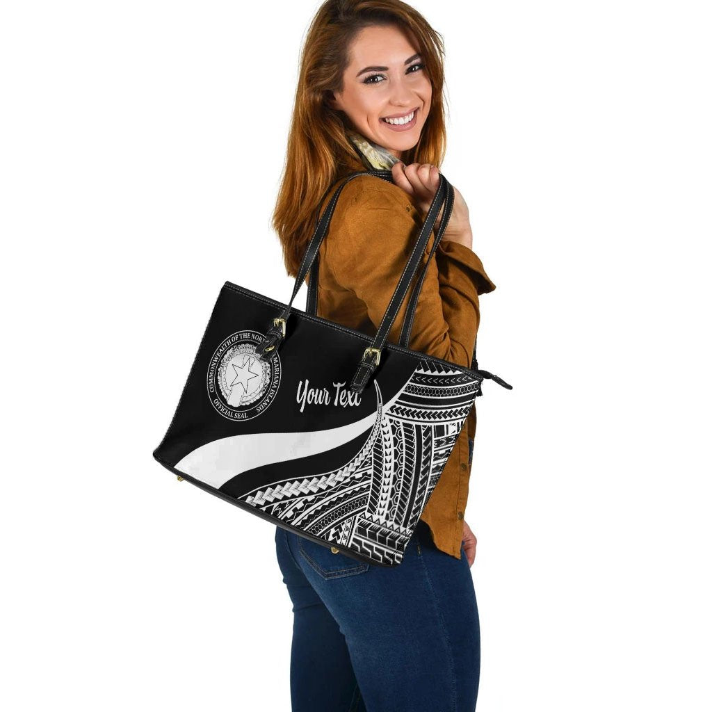 Northern Mariana Islands Custom Personalised Large Leather Tote Bag - White Polynesian Tentacle Tribal Pattern - Polynesian Pride