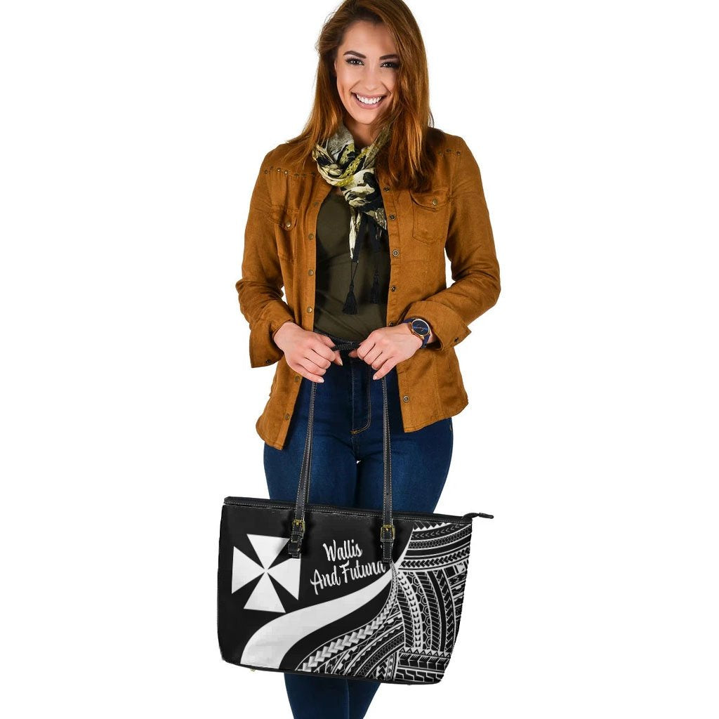 Wallis And Futuna Large Leather Tote Bag - White Polynesian Tentacle Tribal Pattern - Polynesian Pride