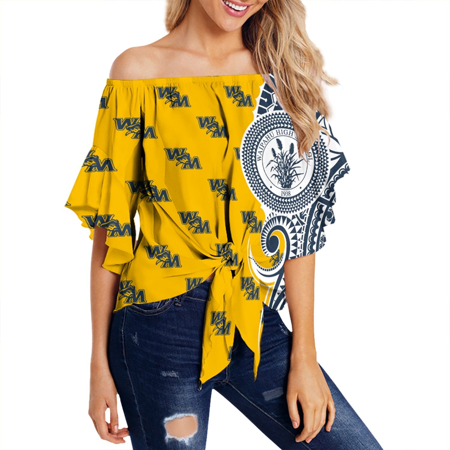 (Personalised) Hawaii - Waipahu High Tribal Kakau Off Shoulder Waist Wrap Top AH Female Yellow - Polynesian Pride