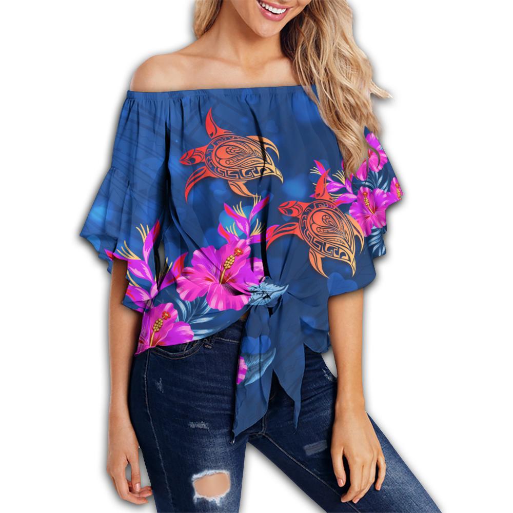 Hawaii Couple Turtle Hibiscus Women's Off Shoulder Wrap Waist Top - Light Style - AH Female Blue - Polynesian Pride