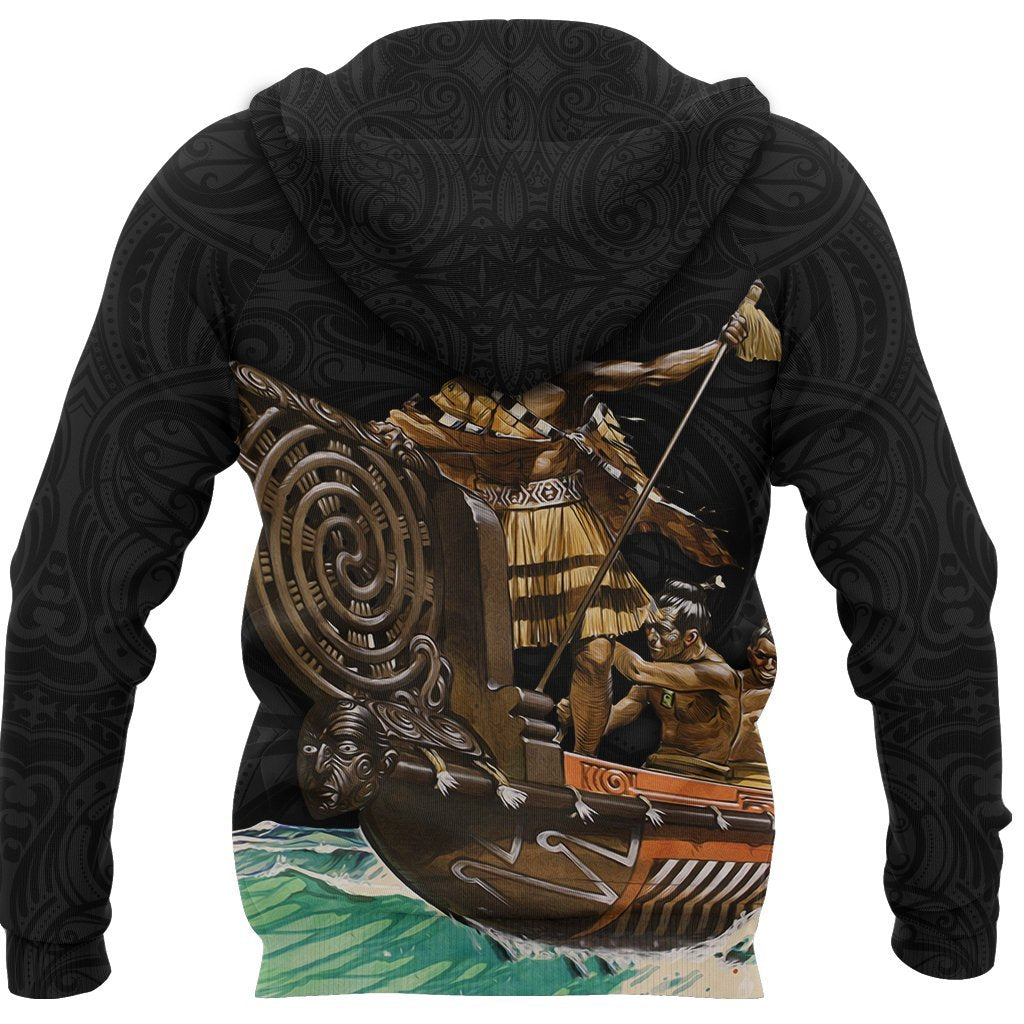 New Zealand Zip up Hoodie, Maori Waka Taua Zipper Hoodie Black - Polynesian Pride