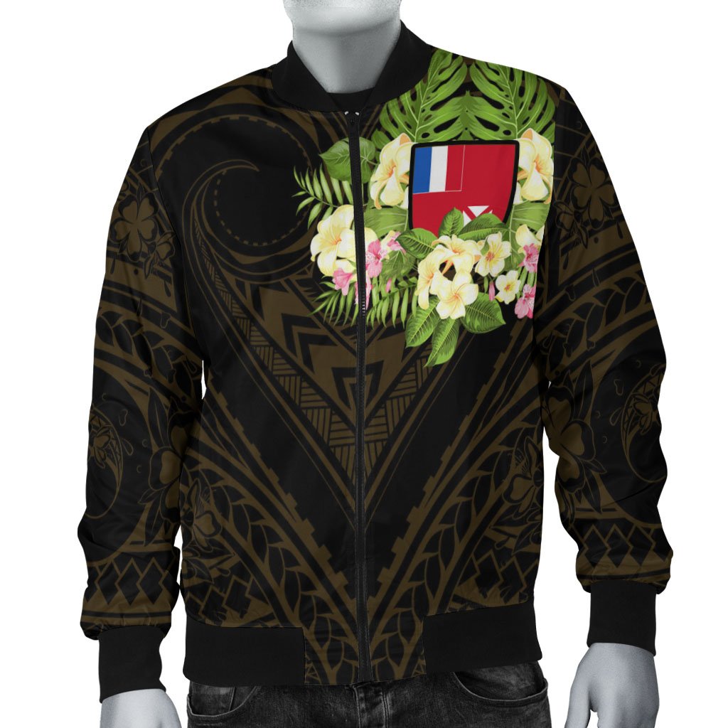 Wallis and Futuna Men's Bomber Jacket - Polynesian Gold Patterns Collection Black - Polynesian Pride