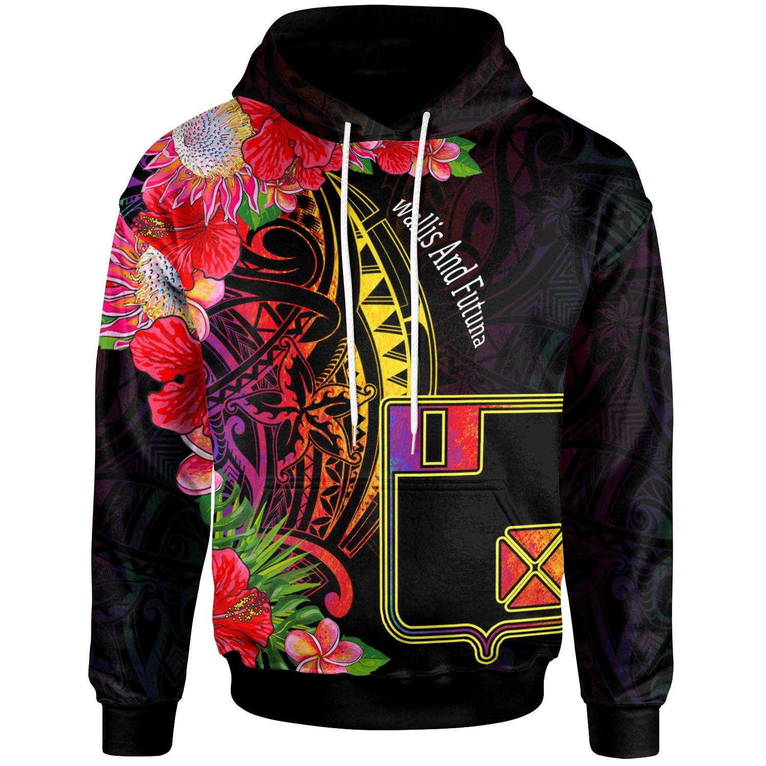 Wallis and Futuna Hoodie Tropical Hippie Style Unisex Black - Polynesian Pride