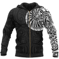 New Zealand Maori Zip Hoodie, Maori Warrior Tattoo Full Zip Hoodie White Unisex Black - Polynesian Pride