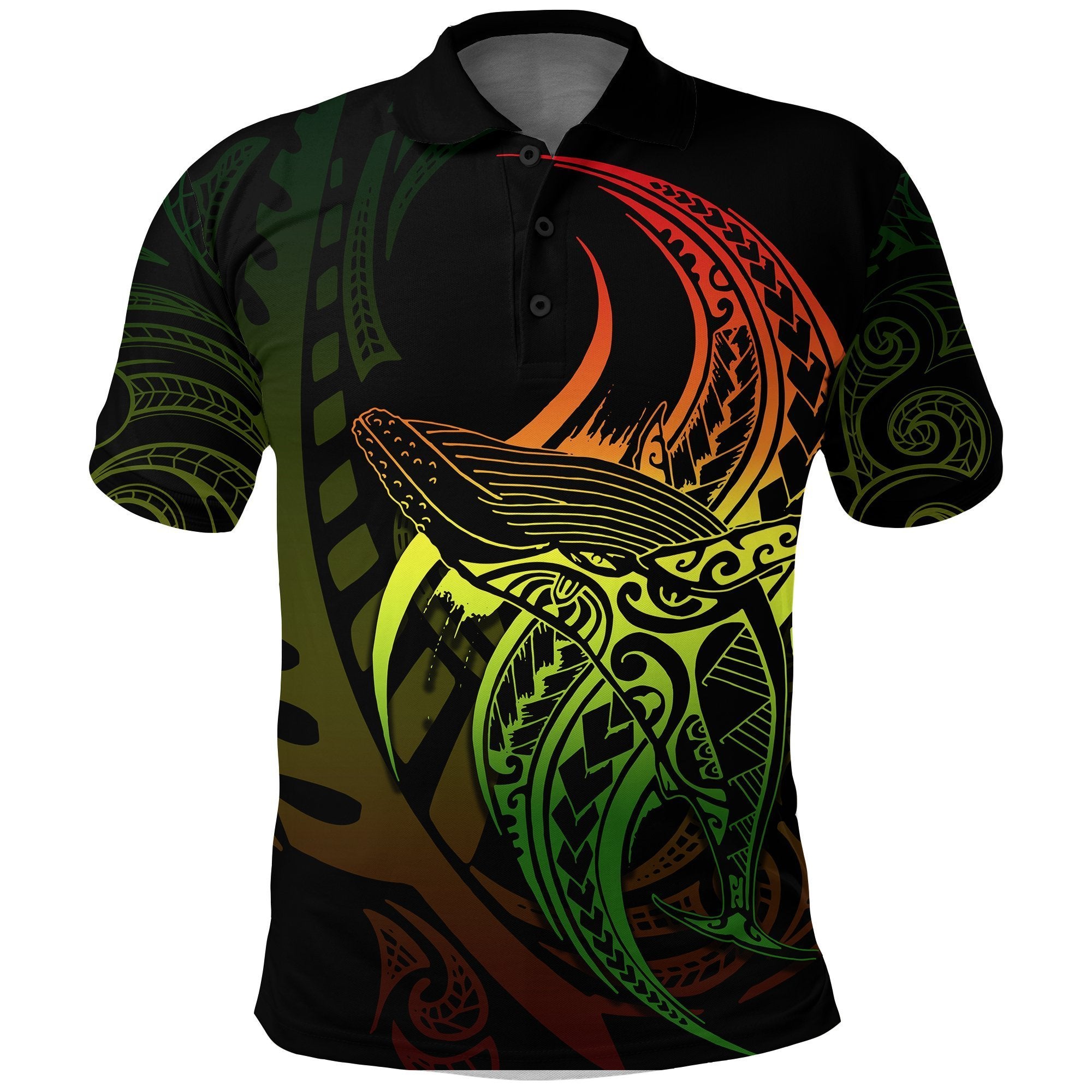 Maori Polo Shirt Whale Tattoo, Humpback Whales New Zealand Golf Shirt Rasta Unisex Black - Polynesian Pride