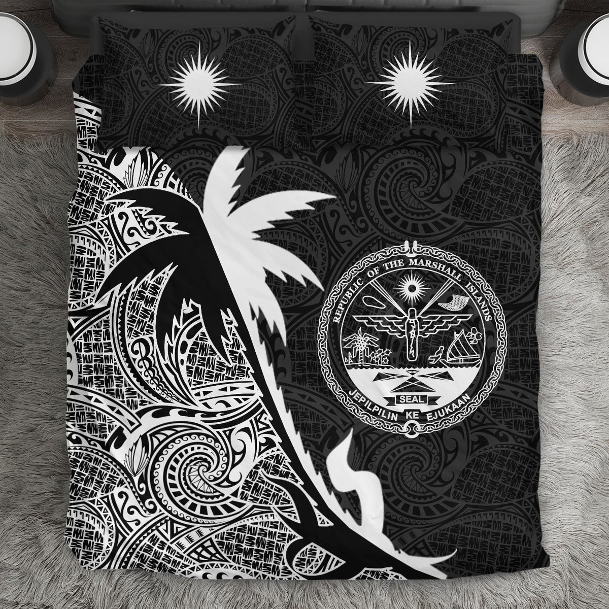 Marshall Islands Coconut Tree Bedding Set Black White - Polynesian Pride