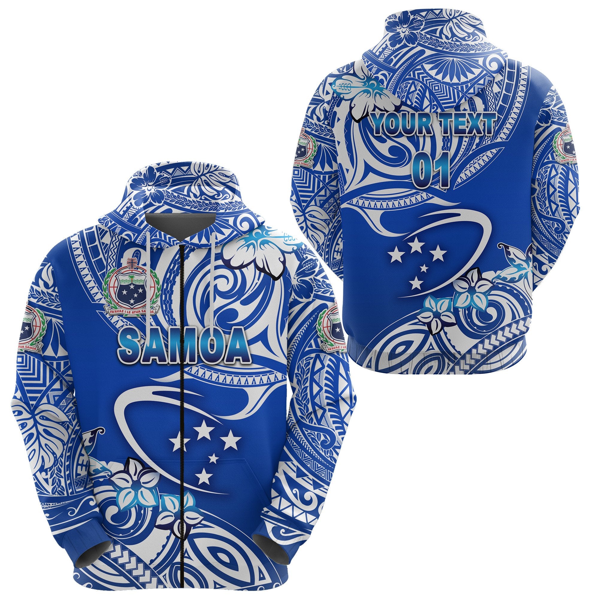 Custom Manu Samoa Rugby Zip Hoodie Unique Vibes White, Custom Text and Number Unisex Blue - Polynesian Pride