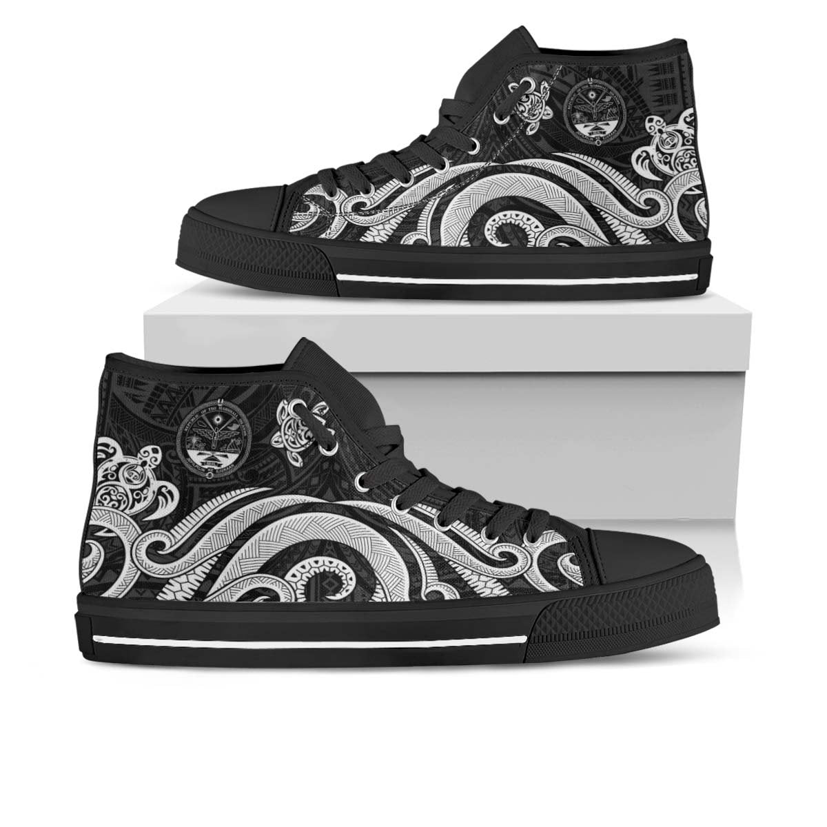 Marshall Islands High Top Shoes - White Tentacle Turtle Crest Unisex Black - Polynesian Pride