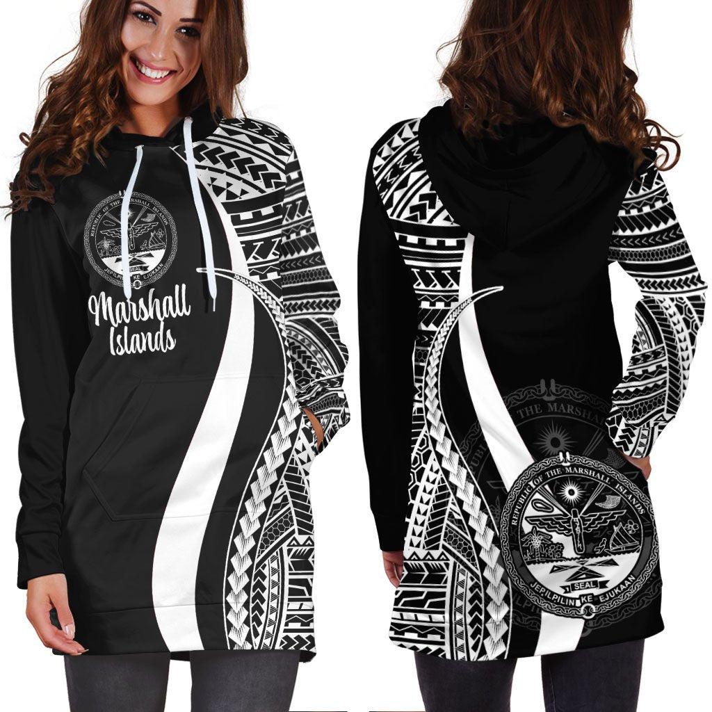 Marshall Islands Women's Hoodie Dress - White Polynesian Tentacle Tribal Pattern Crest - Polynesian Pride