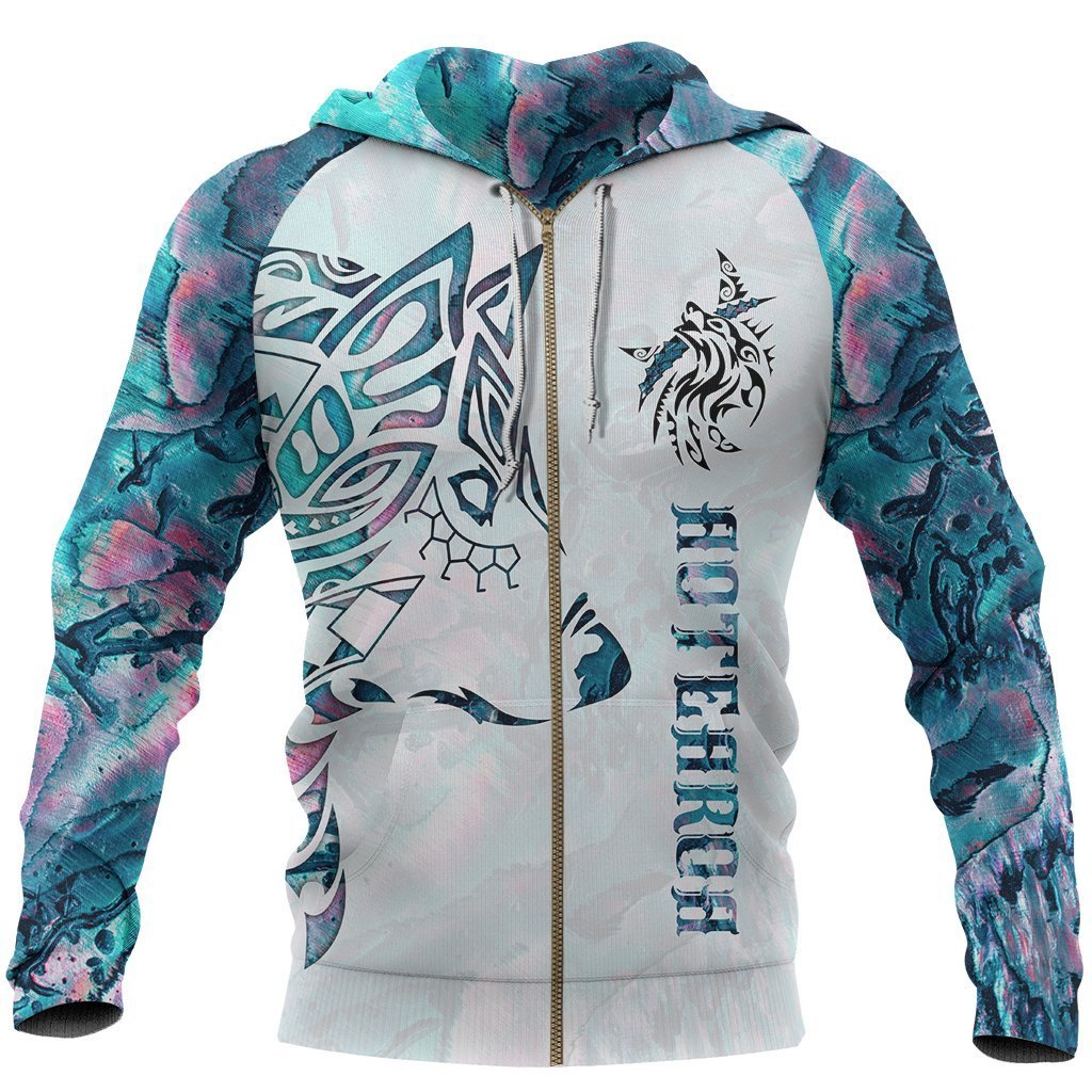 Maori Tattoo Zip Hoodie, Paua Shell Wolf Tattoo Full Zip Hoodie Unisex Black - Polynesian Pride