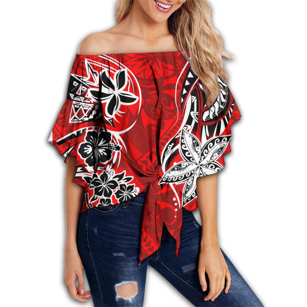 Polynesian Simple Hawaii Off Shoulder Waist Wrap Top AH Female Red - Polynesian Pride