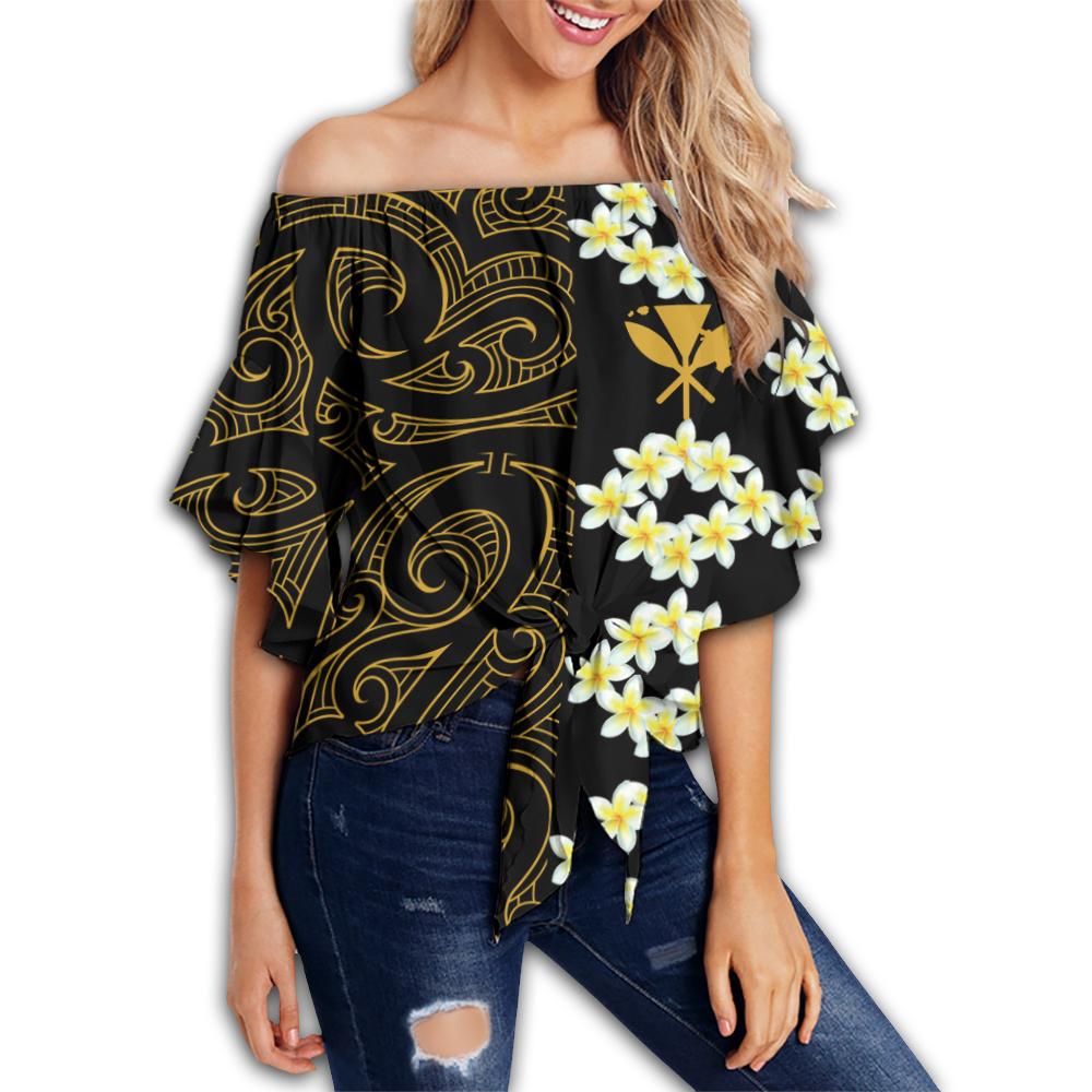 Hawaii Plumeria Polynesian Women's Off Shoulder Wrap Waist Top - Curtis Style - AH Female Gold - Polynesian Pride