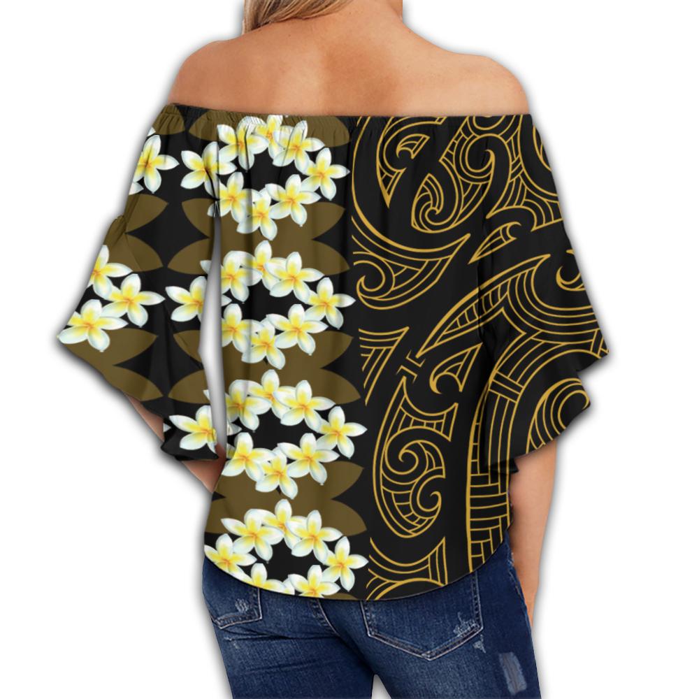 Hawaii Plumeria Polynesian Women's Off Shoulder Wrap Waist Top - Curtis Style - AH - Polynesian Pride