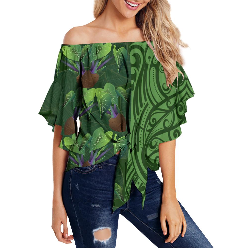 Hawaii Kalo Polynesian Women's Off Shoulder Wrap Waist Top - Melio Style - AH Female Green - Polynesian Pride