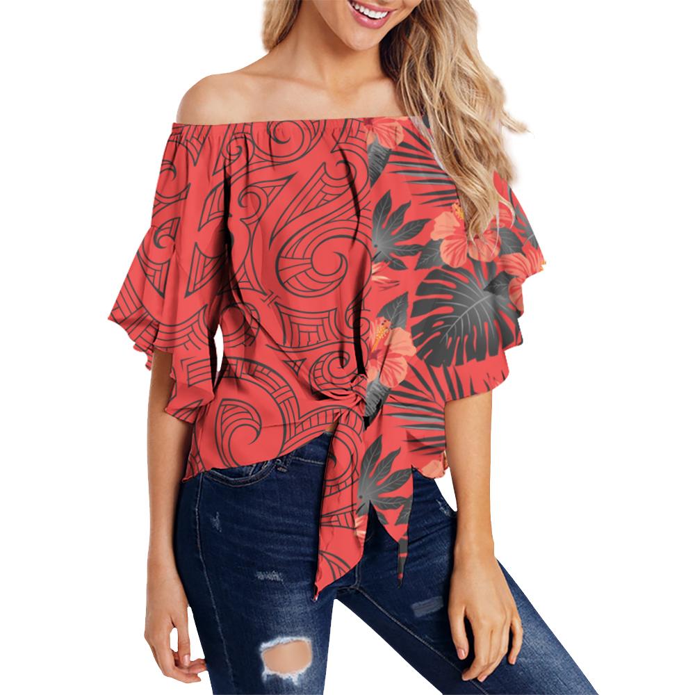 Hawaii Hibiscus Polynesian Women's Off Shoulder Wrap Waist Top - Melio Style - AH Female Orange - Polynesian Pride