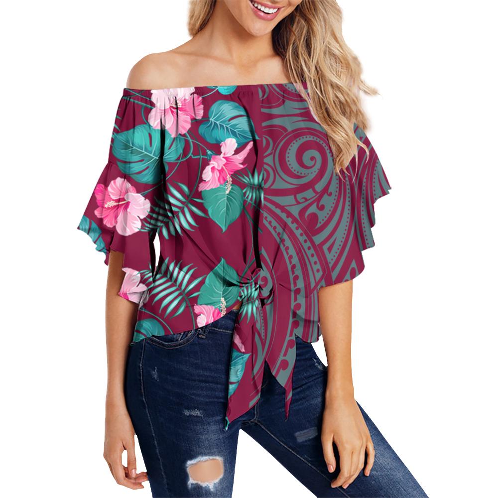 Hawaii Hibiscus Tropical Polynesian Women's Off Shoulder Wrap Waist Top - Melio Style - AH Female Pink - Polynesian Pride