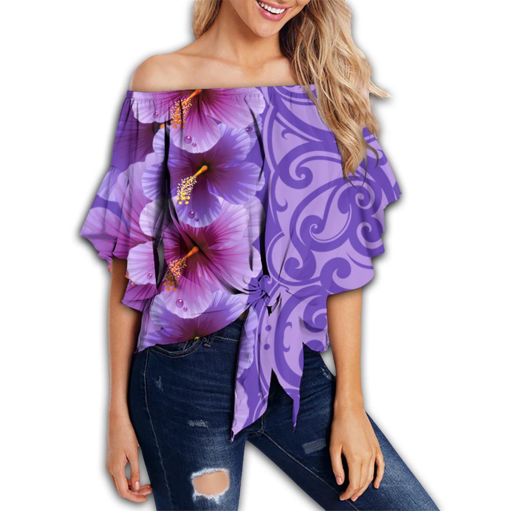 Hawaii Hibiscus Flower Polynesian Women's Off Shoulder Wrap Waist Top - Curtis Style - Purple - AH Female Purple - Polynesian Pride
