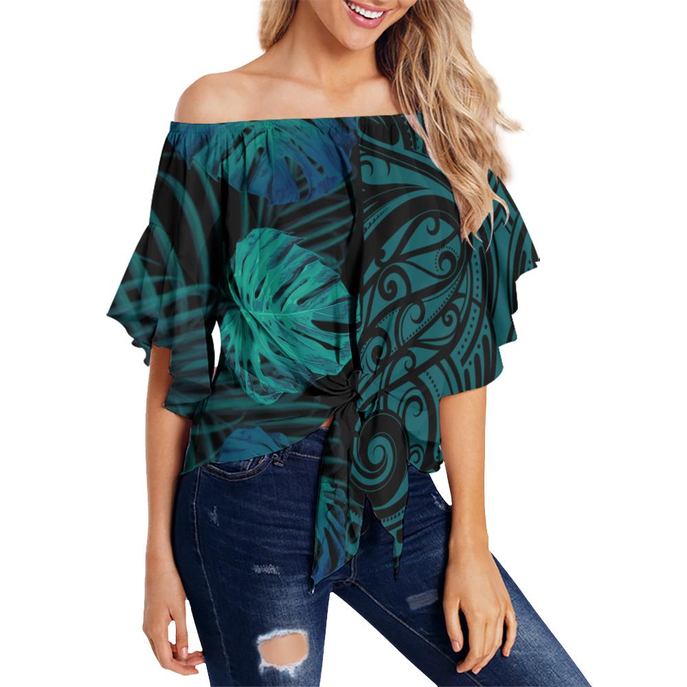 Hawaii Monsteria Leaves Polynesian Women's Off Shoulder Wrap Waist Top - Melio Style - AH Female Turquoise - Polynesian Pride