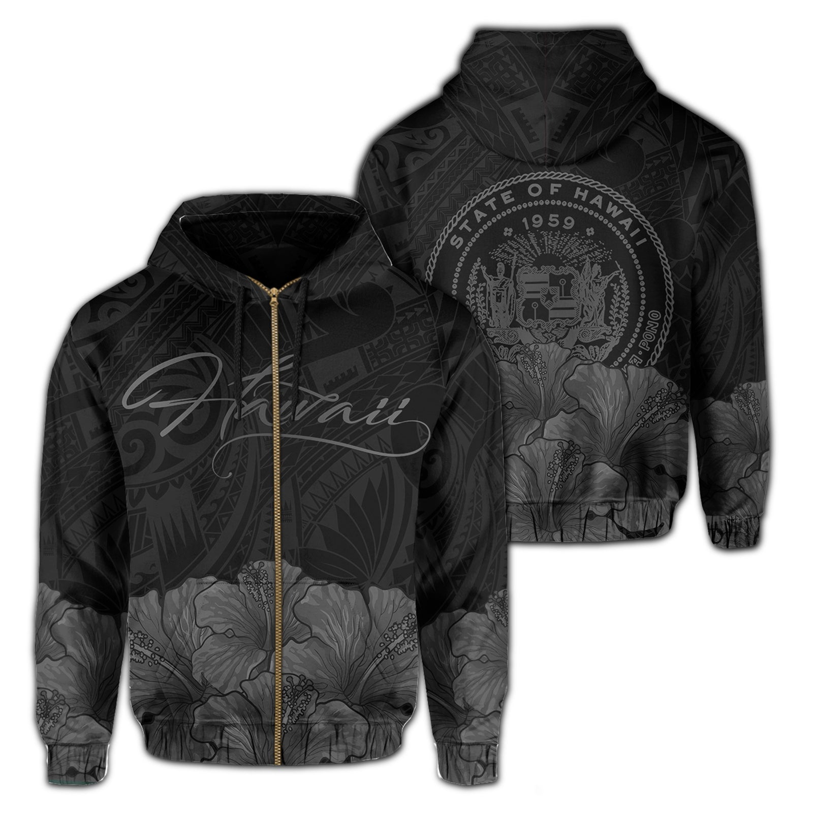 Polynesian Hibiscus Seal of Hawaii Zip Hoodie Gray Unisex Gray - Polynesian Pride