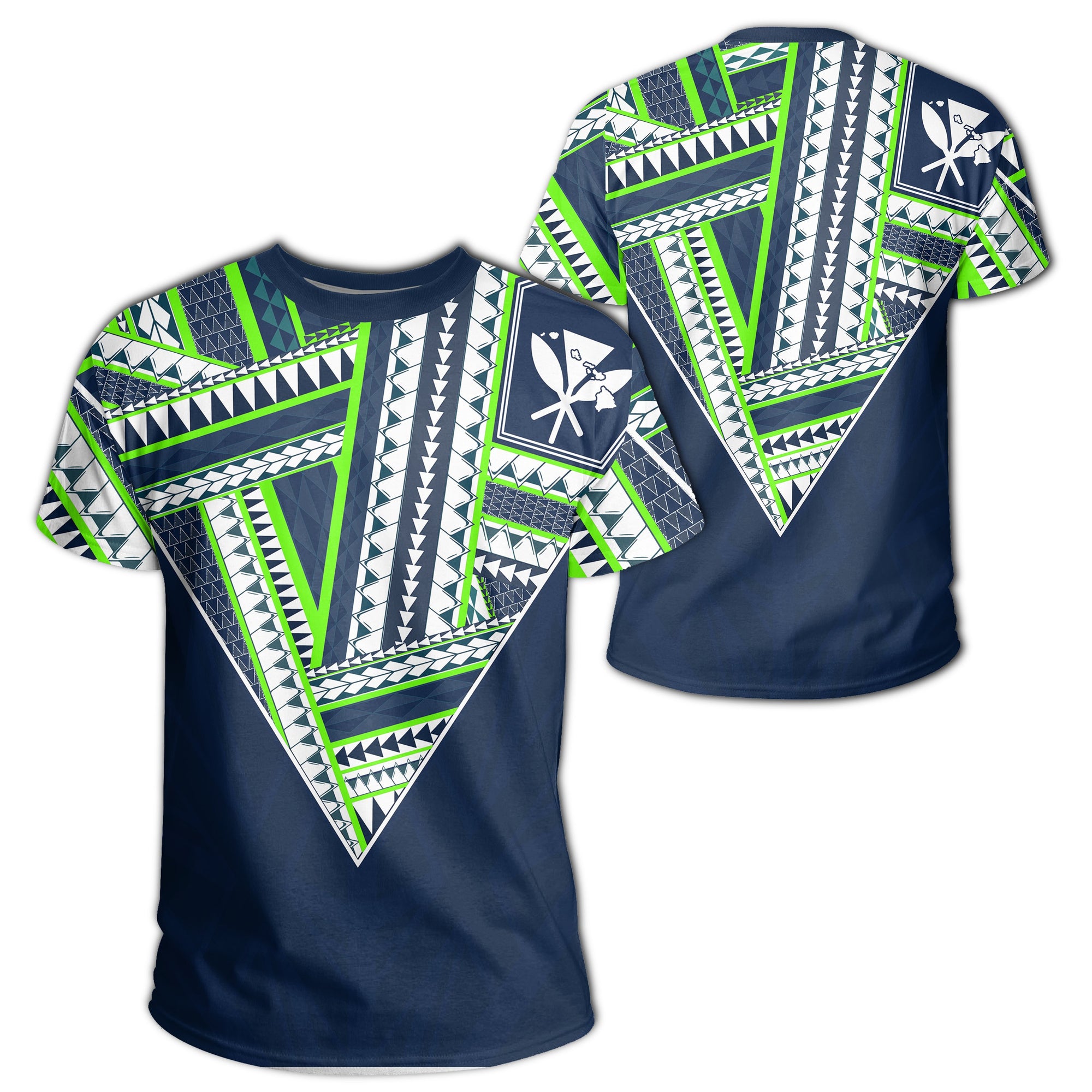 Hawaii T Shirt Football Jersey Style Navy and Green Unisex Green - Polynesian Pride