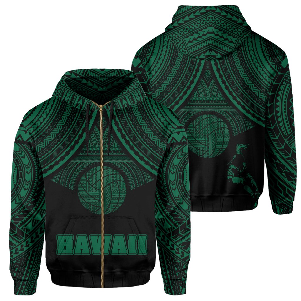 Polynesian Volleyball Hawaii Zip Hoodie Green Unisex Green - Polynesian Pride