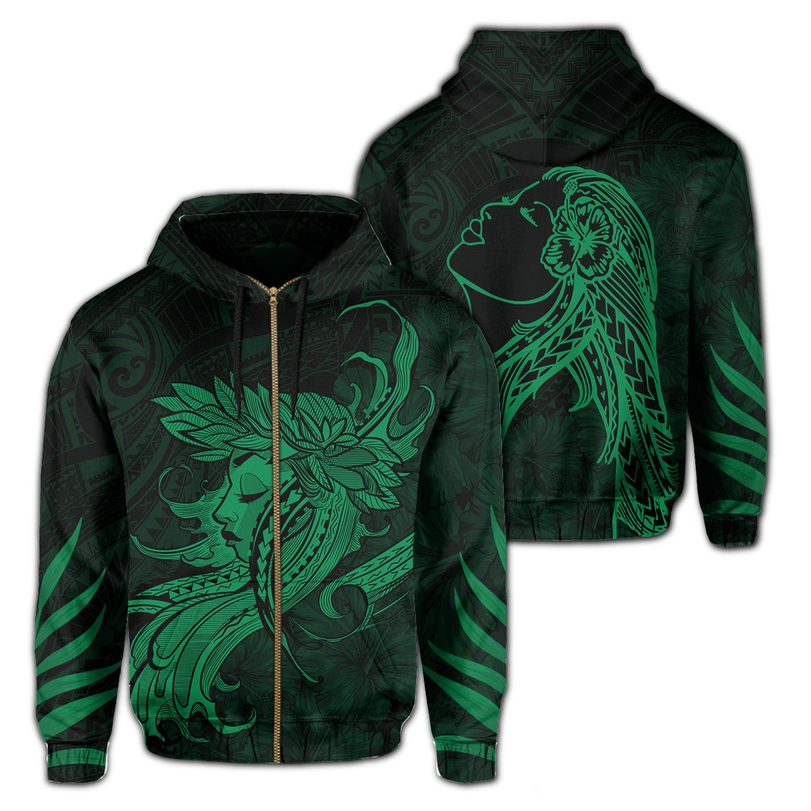 Polynesian Tropic Hula Girl Hibiscus Hawaii Zip Hoodie Green Unisex Green - Polynesian Pride