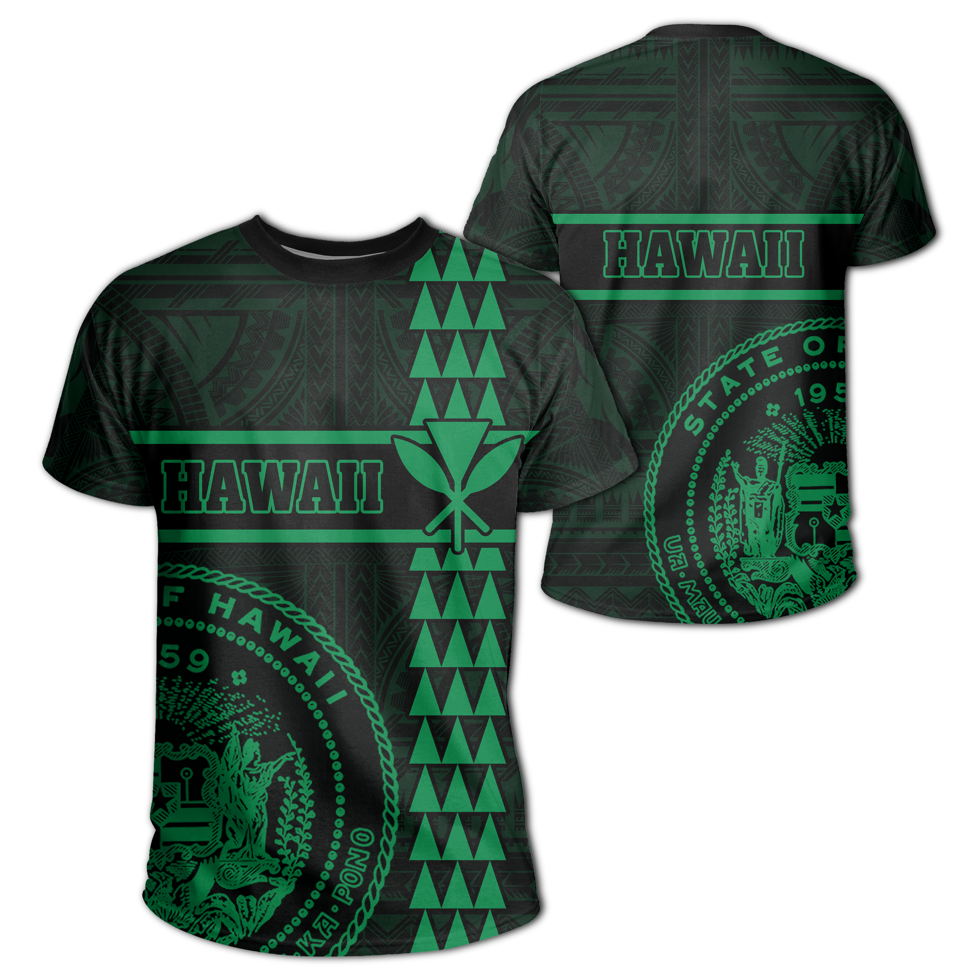 Hawaii Coat of Arms Kanaka Polynesian T Shirt Green Unisex Green - Polynesian Pride