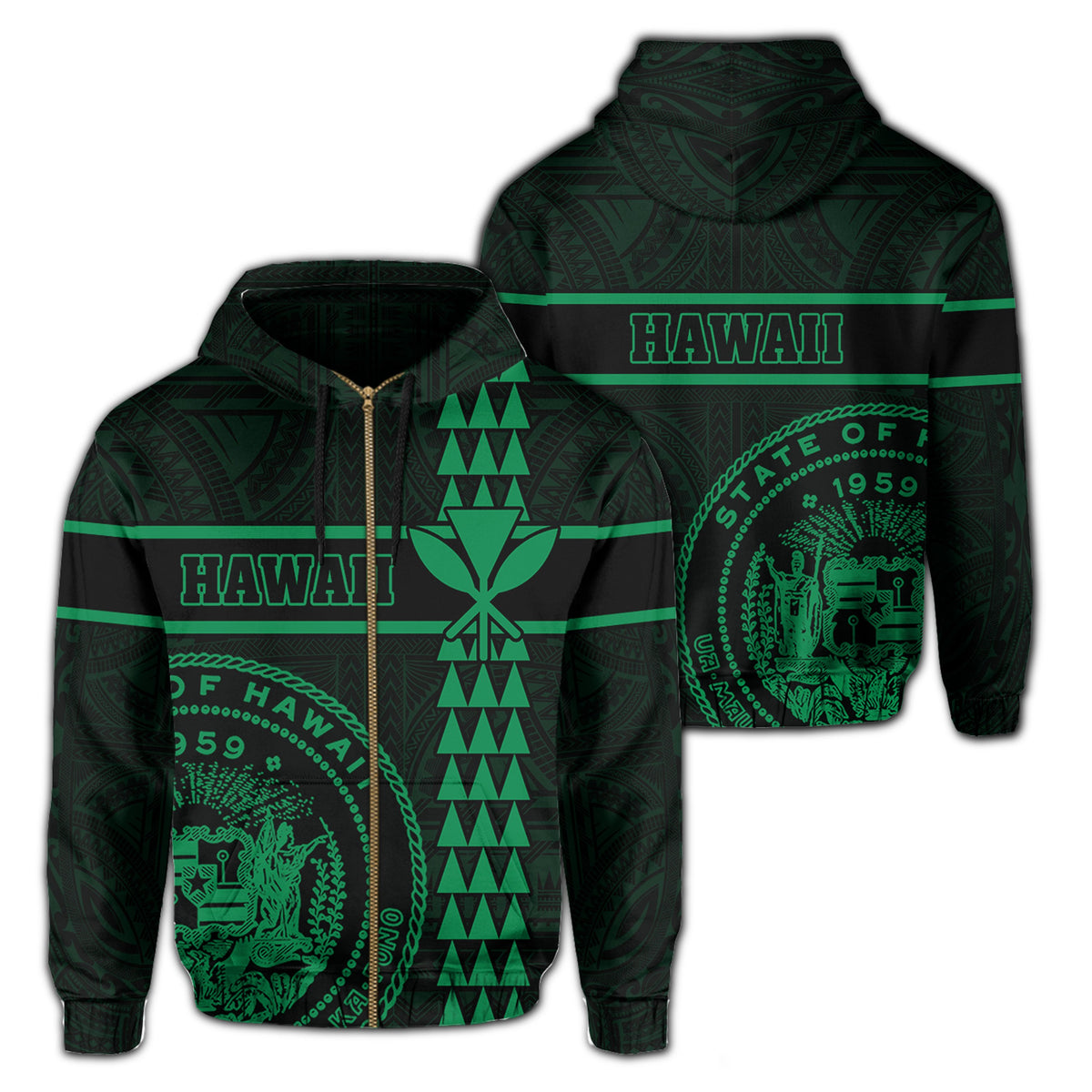Polynesian Kakau Kanaka Seal of Hawaii Zip Hoodie Green Unisex Green - Polynesian Pride