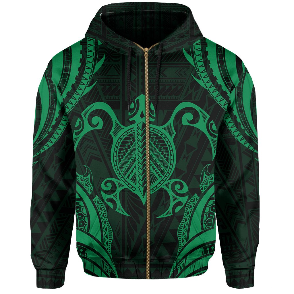 Polynesian Turtle Kanaka Maoli Hawaii Zip Hoodie Green - Polynesian Pride
