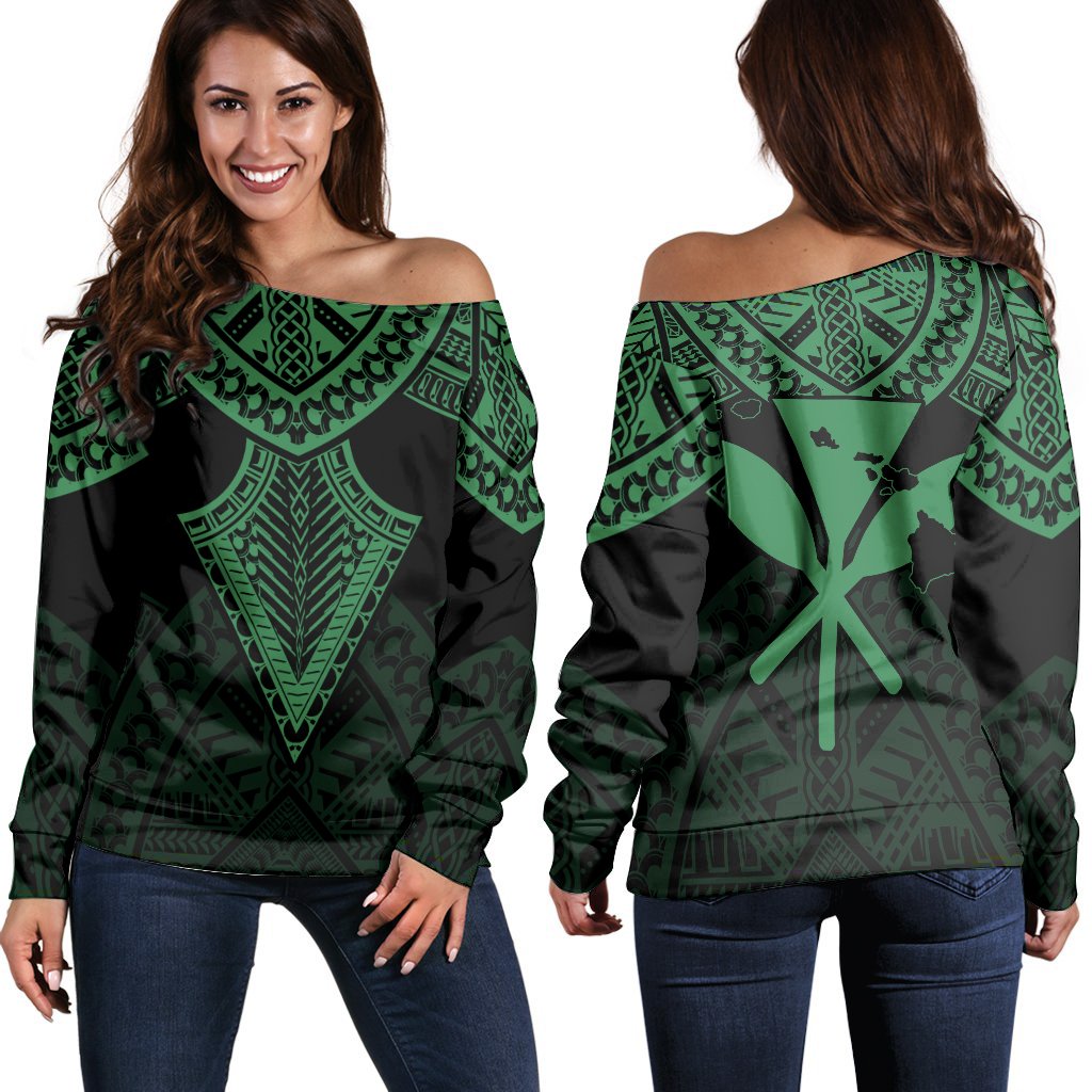 Hawaii Polynesian Limited Women's Off Shoulder Sweater - Tab Style Green - AH Black - Polynesian Pride