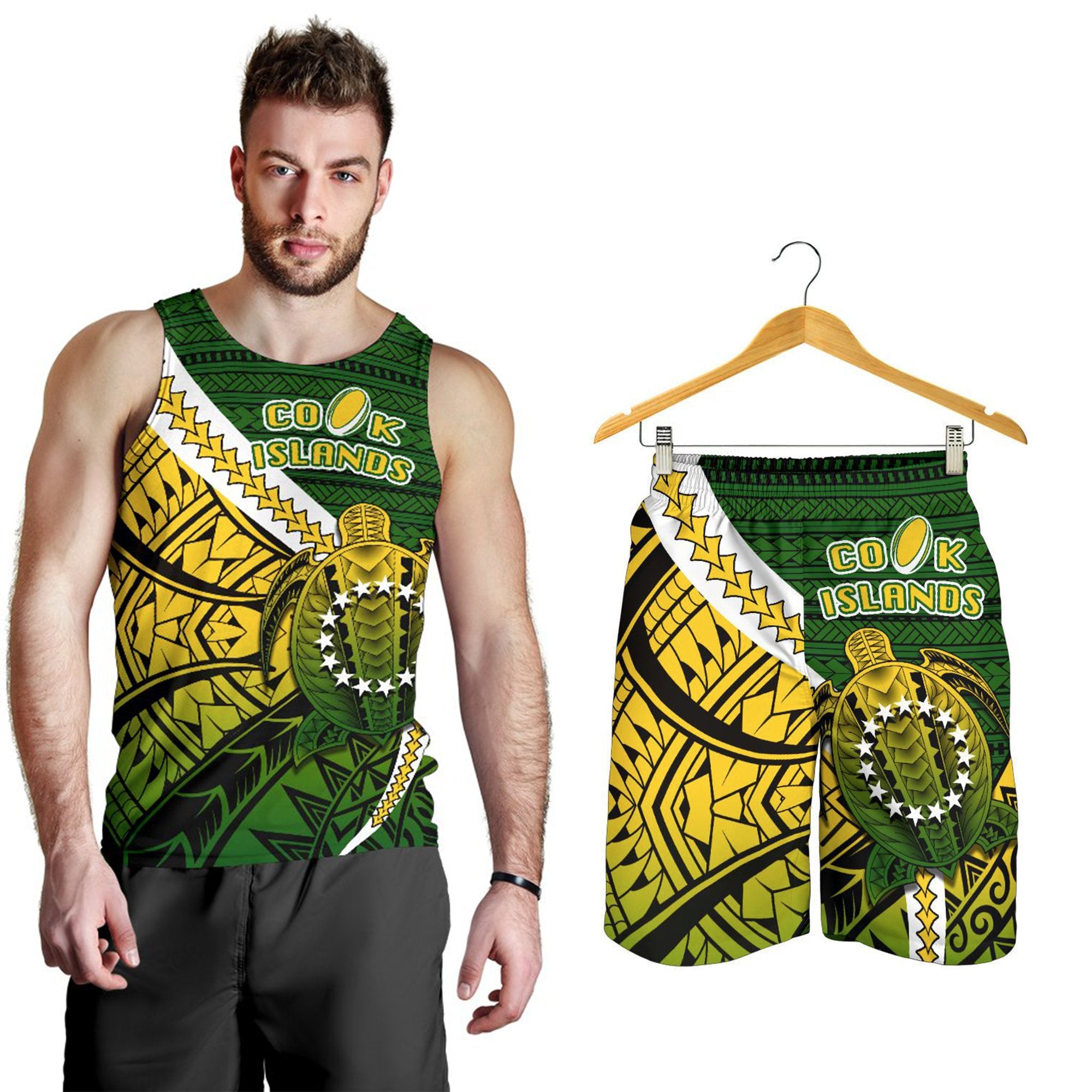 Combo Men Tank Top and Men Short Cook Islands Style Turtle Rugby Green - Polynesian Pride