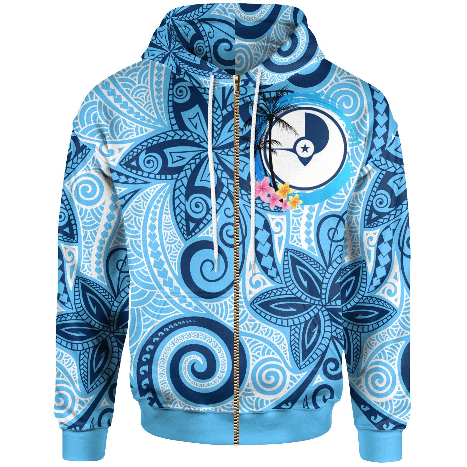 Yap Zip Hoodie Tribal Plumeria Pattern Unisex Blue - Polynesian Pride