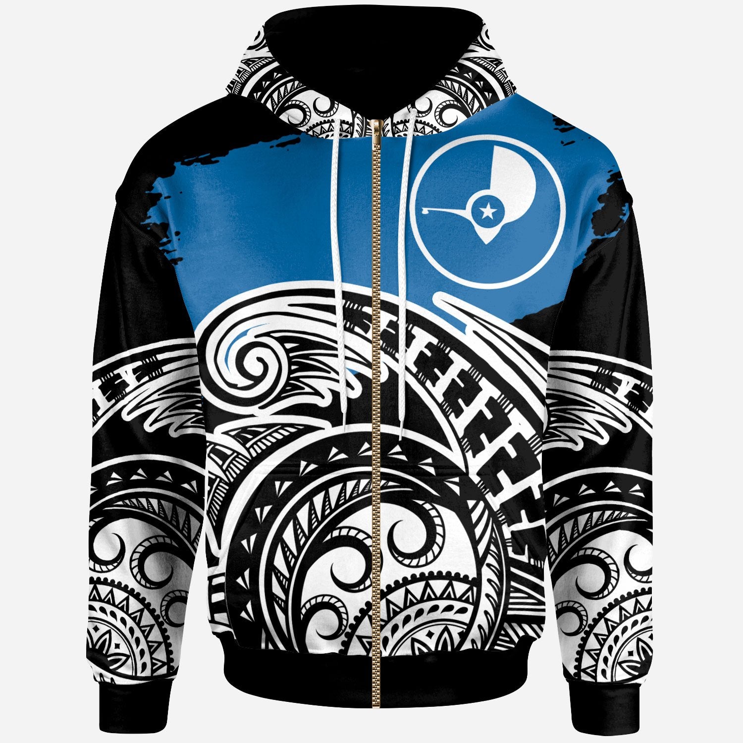 Yap Custom Zip Hoodie Ethnic Style With Round Black White Pattern Unisex Black - Polynesian Pride