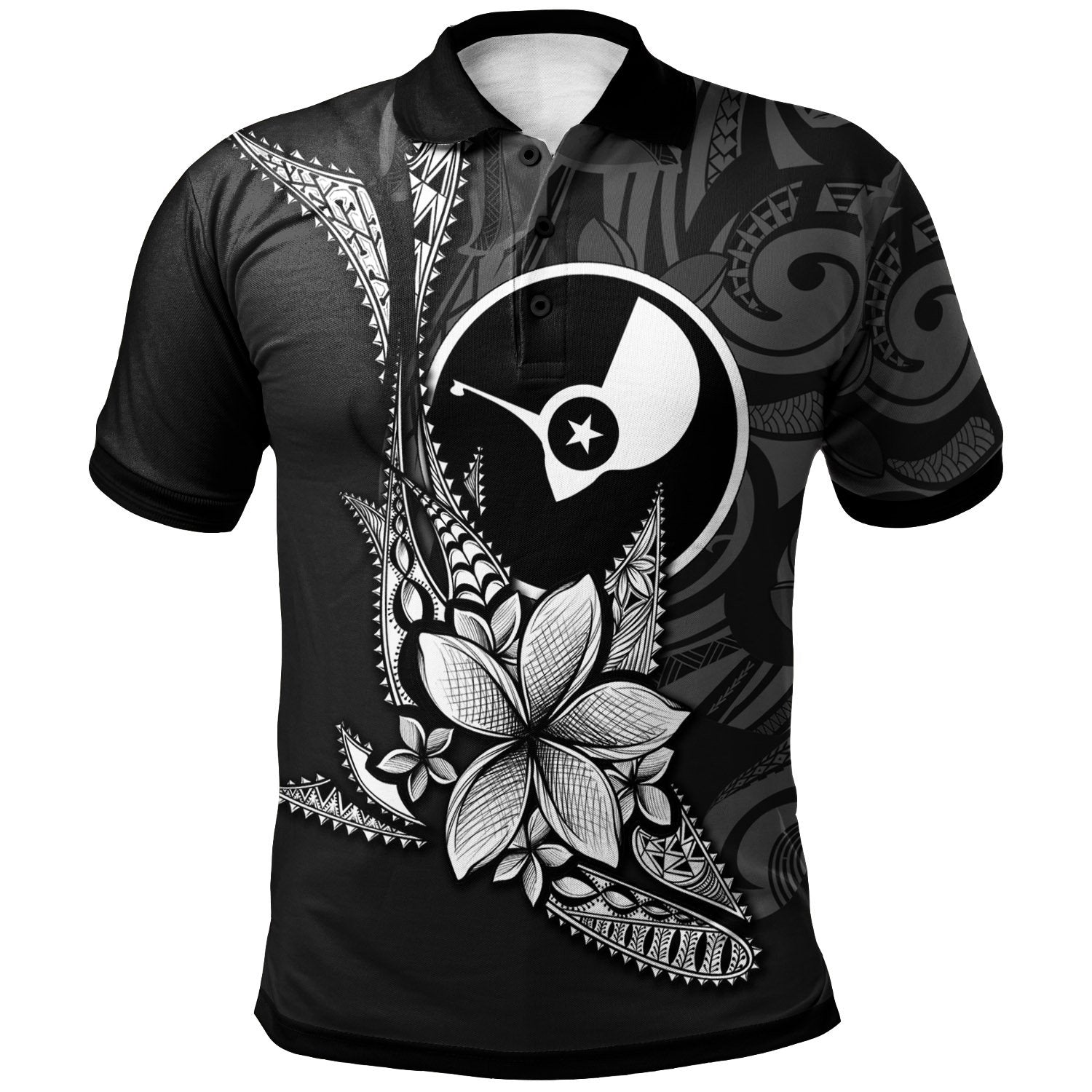 Yap State Polo Shirt Fish With Plumeria Flowers Style Unisex Black - Polynesian Pride