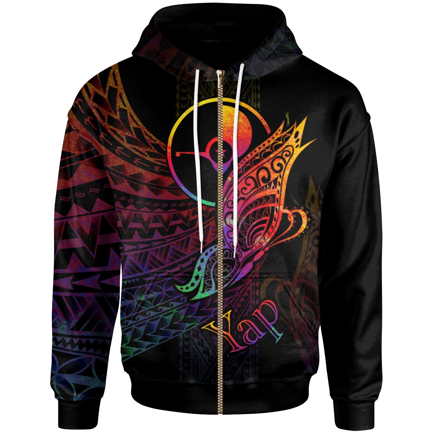 Yap State Zip Hoodie Butterfly Polynesian Style Unisex Black - Polynesian Pride