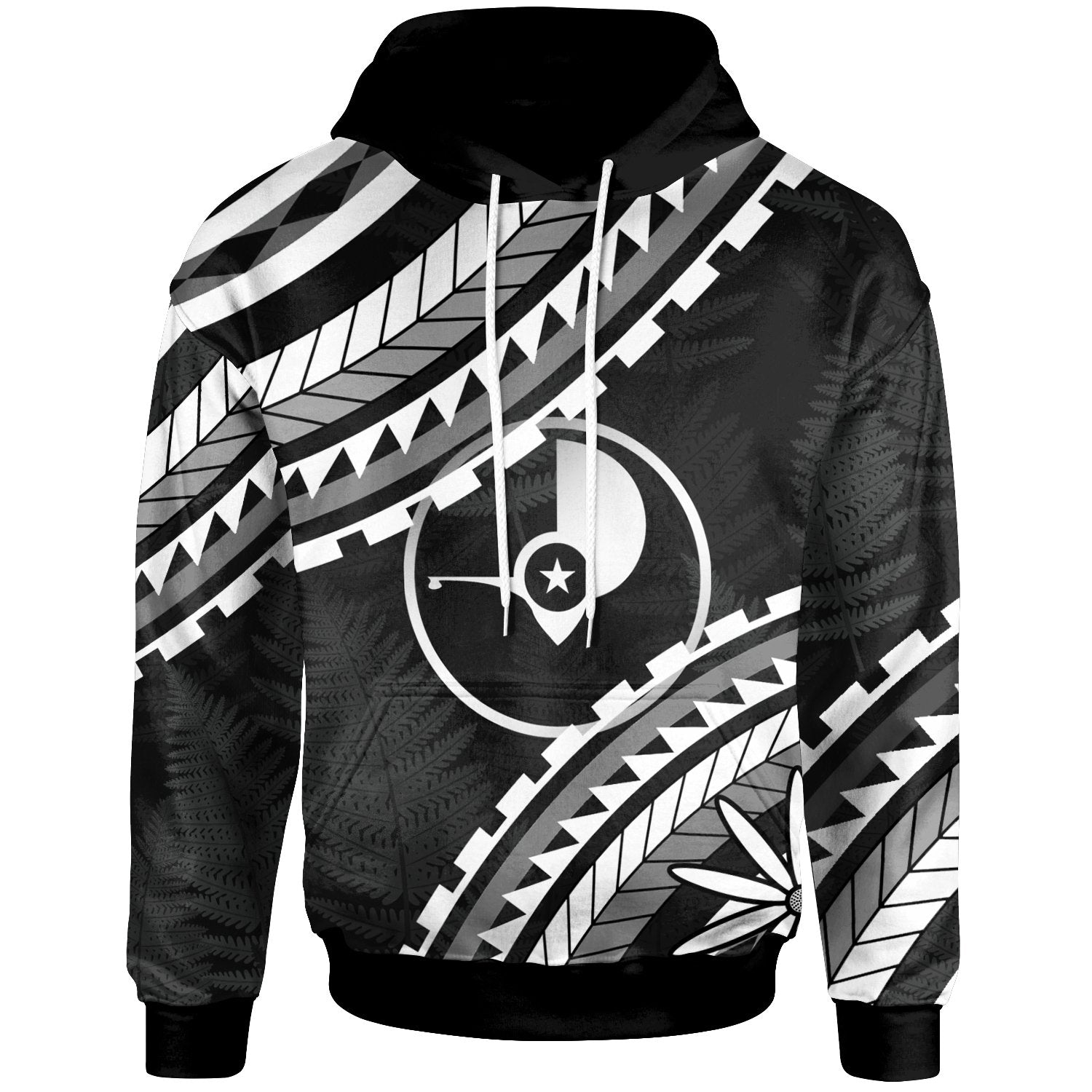 Yap Hoodie Palm Leaf Texture White Unisex Black - Polynesian Pride