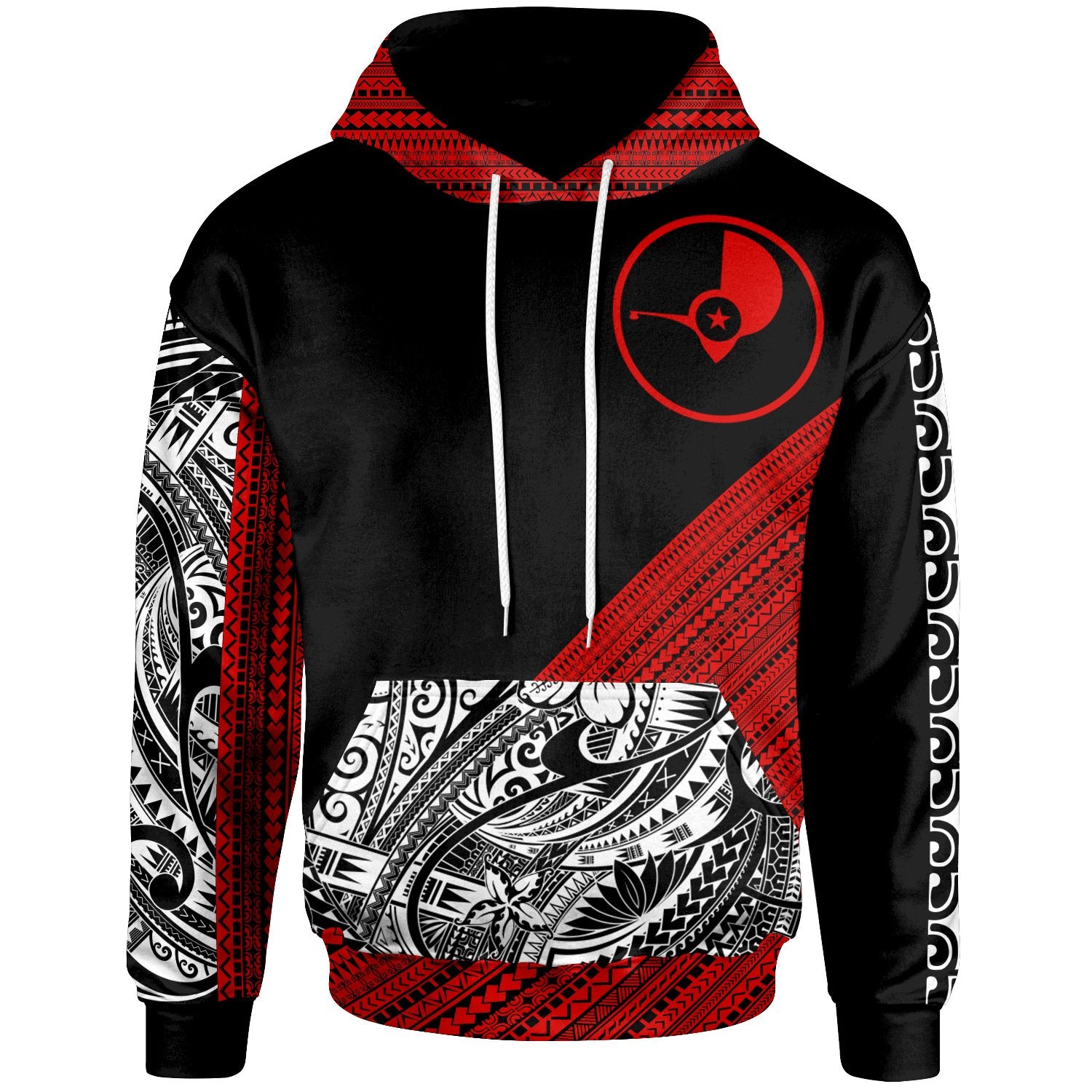 Yap Custom Hoodie Diagonal Pattern White Red Pattern Unisex Black - Polynesian Pride