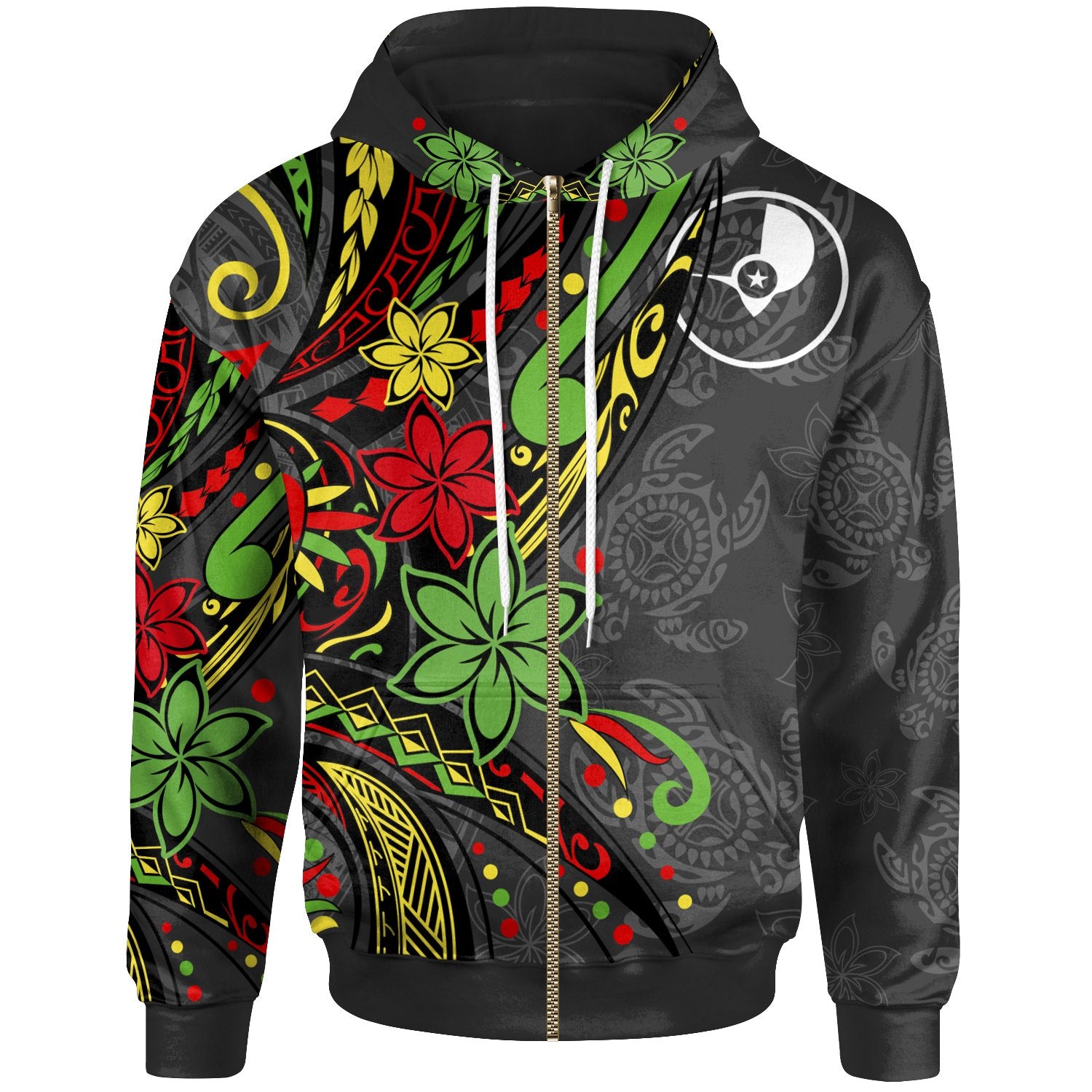 Yap Zip Hoodie Tribal Flower With Special Turtles Unisex Black - Polynesian Pride