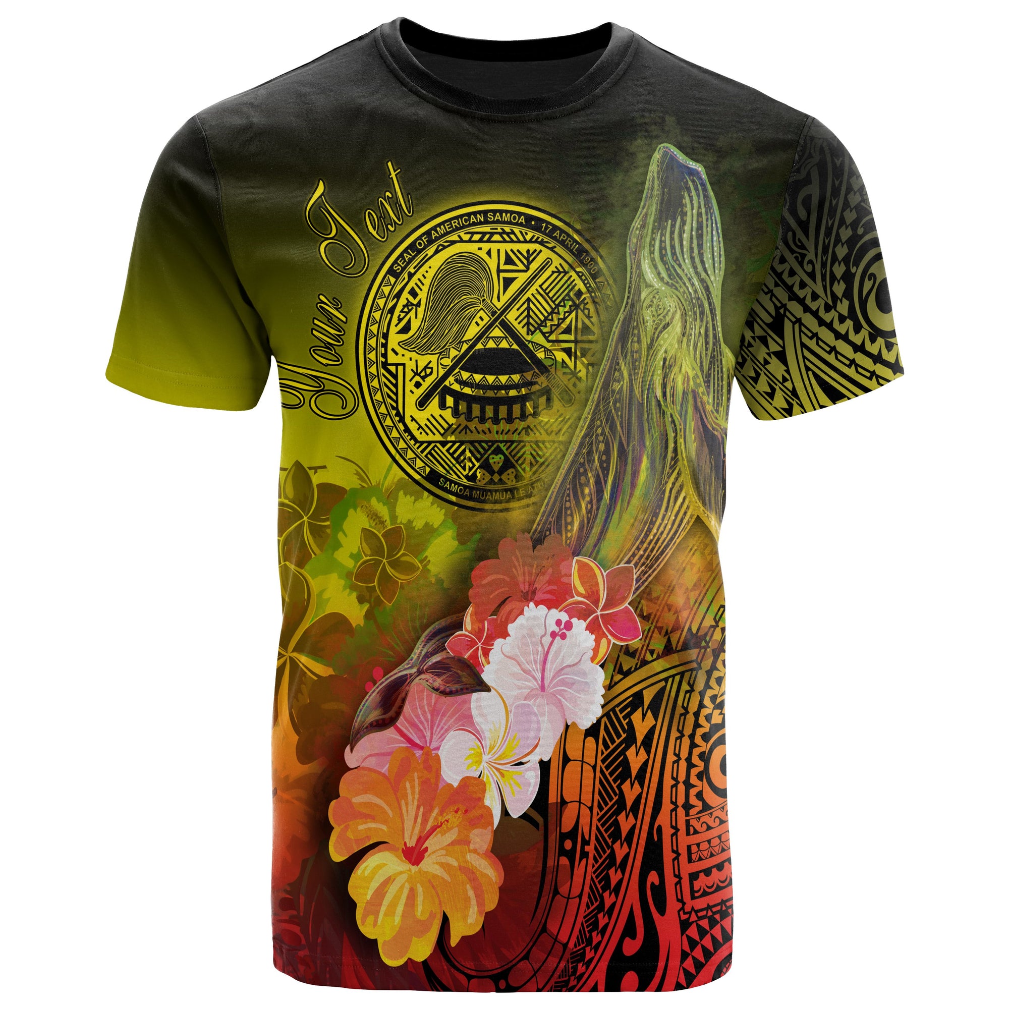 American Samoa Polynesian Custom T Shirt Humpback Whale with Tropical Flowers Unisex Yellow - Polynesian Pride