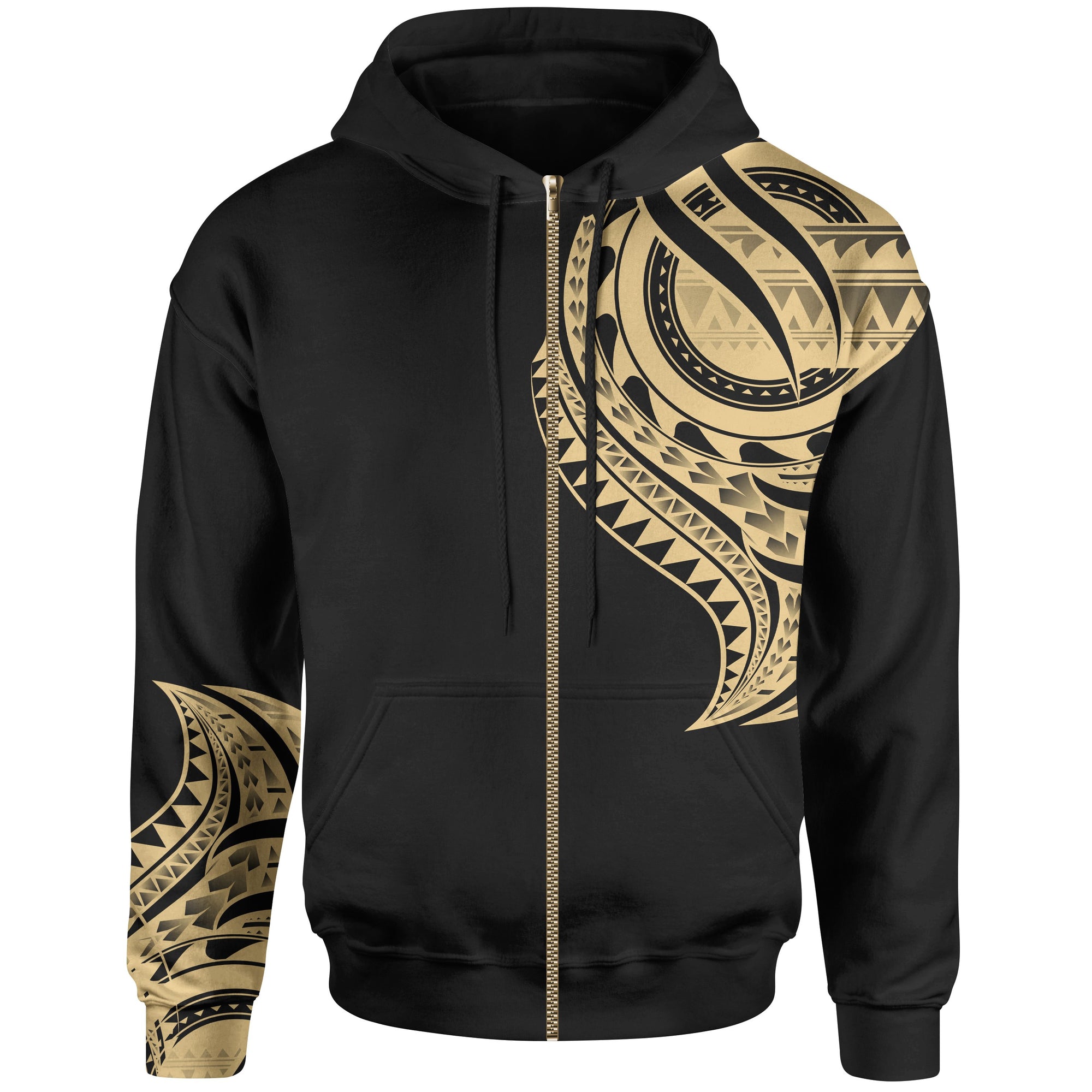 Kiribati Zip Hoodie Kiribati Tatau Gold Patterns With Coat of Arms Unisex Black - Polynesian Pride