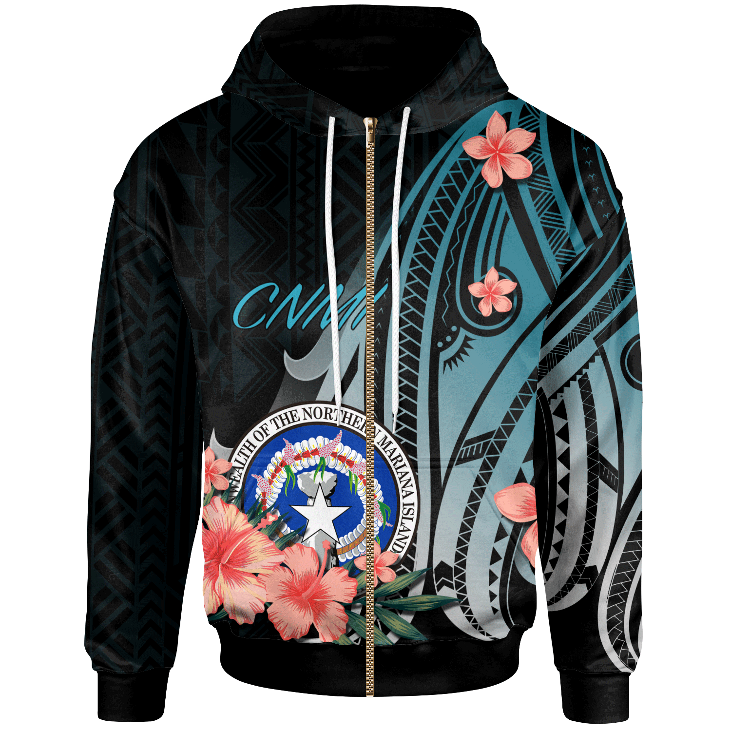 Northern Mariana Islands Zip Hoodie Turquoise Polynesian Hibiscus Pattern Style Unisex Turquoise - Polynesian Pride