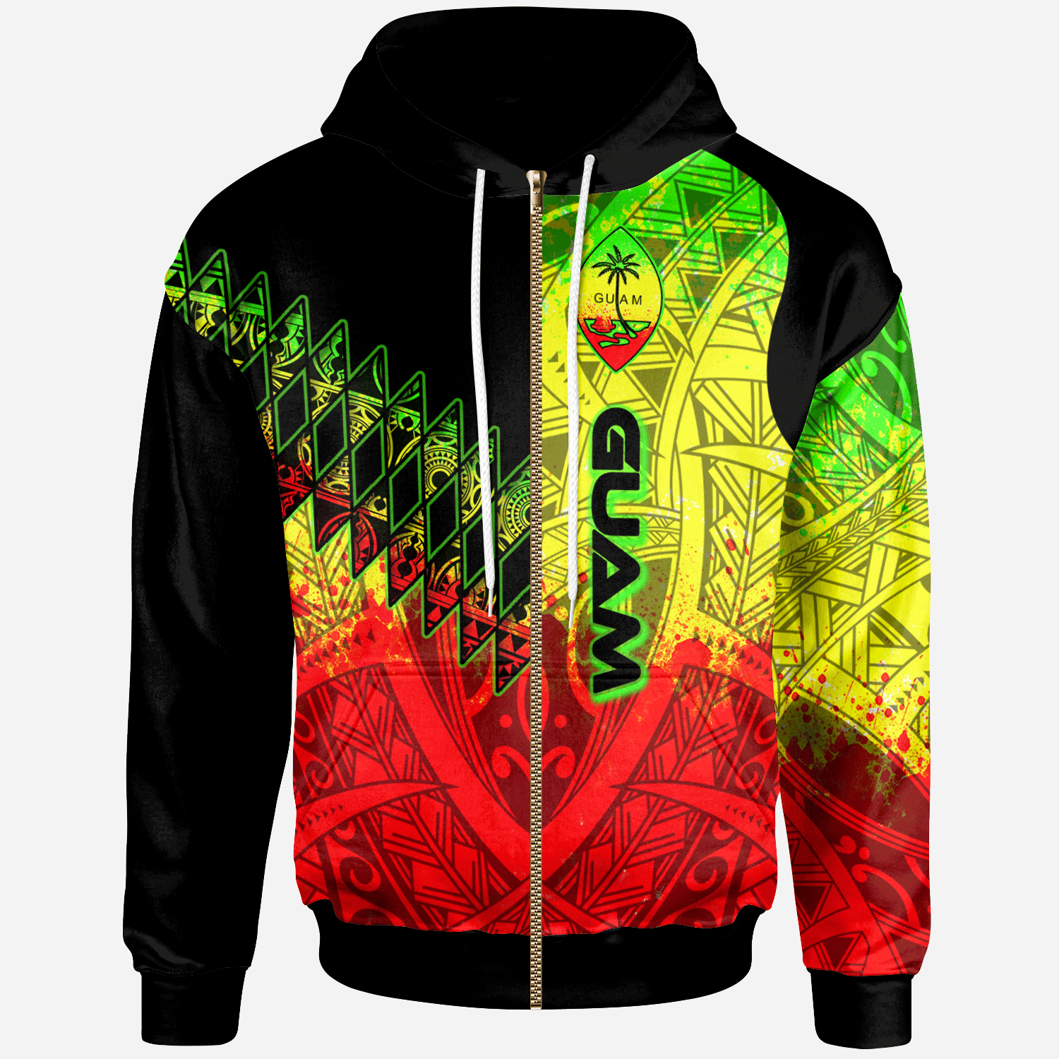 Guam Zip Hoodie Reggage Color Symmetry Style Unisex Black - Polynesian Pride